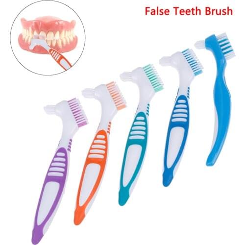 Multi-Layered Soft Bristles False Teeth Brush Denture Cleaning Brush Oral Care Tool Bristles & Ergonomic Rubber Handle