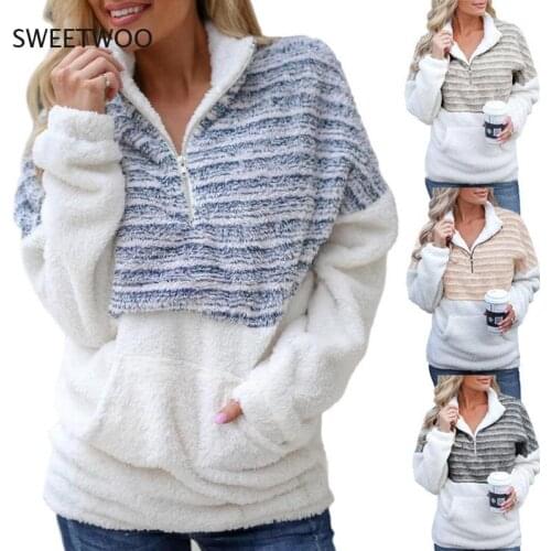 2021 European and American Autumn and Winter Fashion Plush New Style V-Neck Zipper Long-Sleeved Color-Blocking Warm Sweater