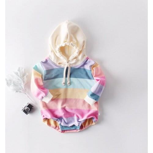 Autumn Casual Hooded Rainbow Striped Romper For Newborn Baby Infants Toddler Kids Boys Girls Playsuit Jumpsuit Outwear S9675