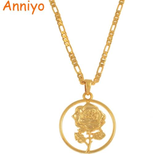Anniyo Flower Rose Pendant Necklaces for Women Mother Charm Jewelry Wedding Gifts African Arab Gold Color Jewellery #014616