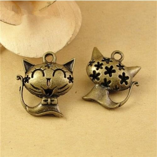 RONGQING 10pcs/lot DIY 24*22MM Hollow colorful cat Animal Necklace Antique Bronze Charm DIY metal charms for jewelry making 2018