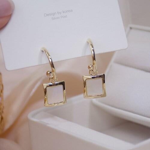 Japanese&Korea Delicate Jewelry 14K Real Gold Shell Square Dangle Earrings for Women Luxury Drop Earrings