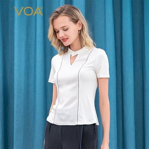 VOA Office Lady Keyhole Short Sleeve Slim T-shirt High Street Silk Knitted Tee Shirt Female White Womens Summer Tees 2021 BE50