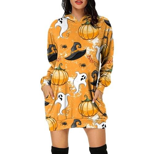 Hirigin Summer Womens Dress 2021,Halloween Printed Short Casual Round Neck Long Sleeve Hooded High Waist Dress with Pocket