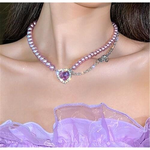 Purple Love Big Purple Crystal zircon Pearl Stitching Necklace Female Luxury High-gloss Pearl Zircon Necklace