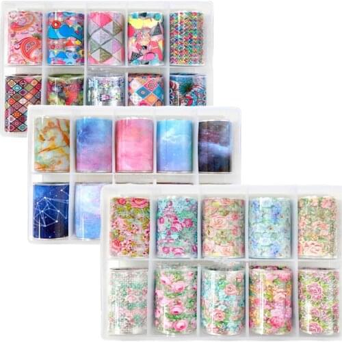 10 Pcs/set Holographic Nail Foil Flower Slider/Galaxy Transparent AB Color Nail Transfer Sticker For Nail Foil Set Decor NZ07