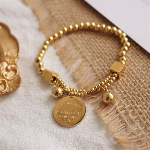 2021 18 k Gold Beads Stretch Bracelet Round Card Pendant Chain for Woman Accessories Fashion Stainless Steel Jewelry Never Fade