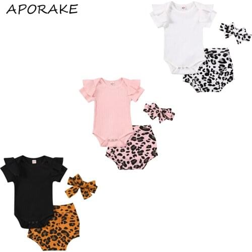 2021 0-18M Infant Baby Girl Clothes Summer Knitted Solid Short Sleeve Romper+Leopard Print High Waist Shirts+Headband 3pcs Set