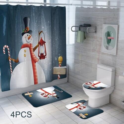 4PCS Christmas Toilet Cover Bathtub Rug Shower Curtain Set Xmas Decor Bathroom Santa Toilet Seat Cover Rug Home Decoration 2020