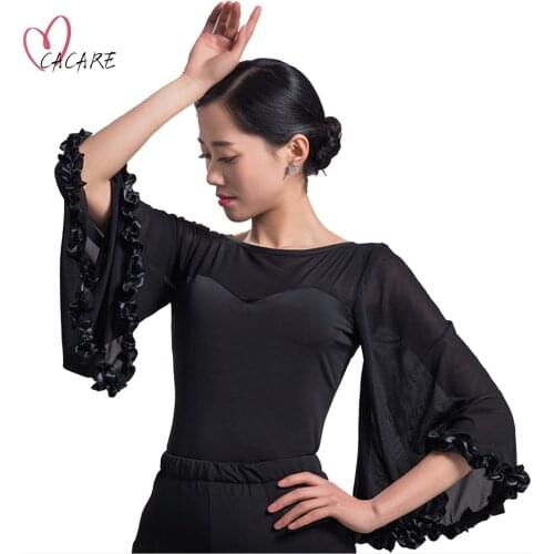 Ballroom Waltz Dresses Top Shirt Dance Competition Dresses Ballroom Dress Standard D0144 Tango Black with Bell Sleeve Ruffles