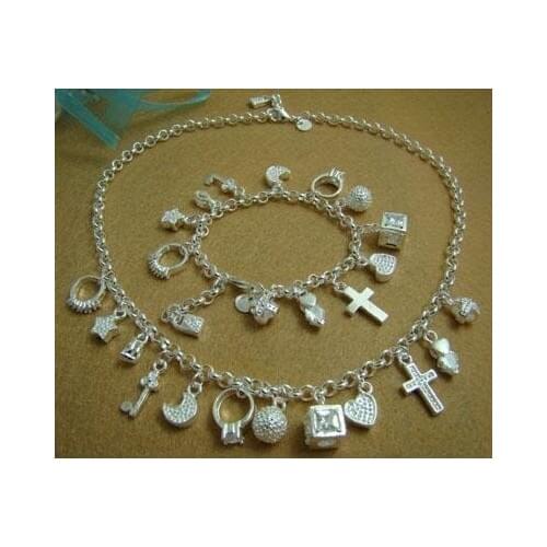 Wholesale fashion jewelry Set,M925 Stamped M925 Silver color Necklace and Bracelet . 13 Charm. Good Quality S72