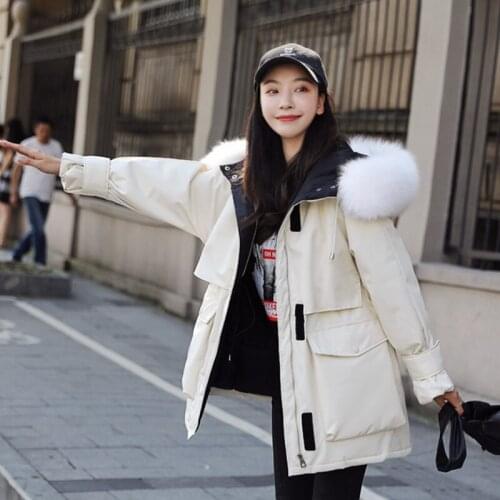 Winter new style long hooded warm white duck down jacket lady Fox fur collar waist female coats fashion Korean women jackets