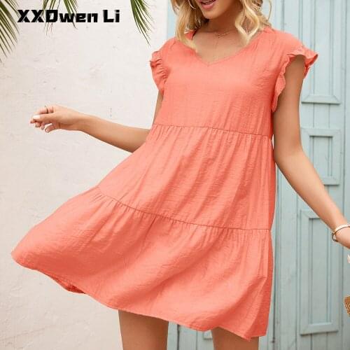 Summer Women Pure Color Ruffles Splicing Mini Dress 2021 Casual Loose Black Fungus Sleeve Dresses Office Lady Womens Clothing