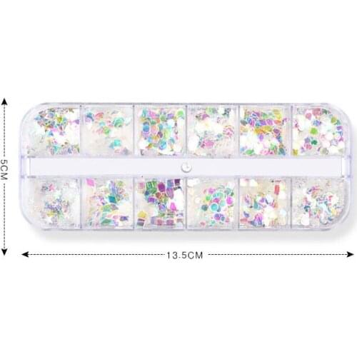 Hot 12 Grids Nail Glitter/Flakes/Mirror Powder 3D Charms Mermaid Irregular Star Round Sequins Dust Set Decoration Supplies Tool