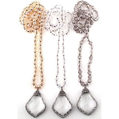 Fashion Bohemian Tribal Jewelry 8mm Glass Long Knotted Beads Handmade Paved Drop Necklaces Women Ethnic Necklace