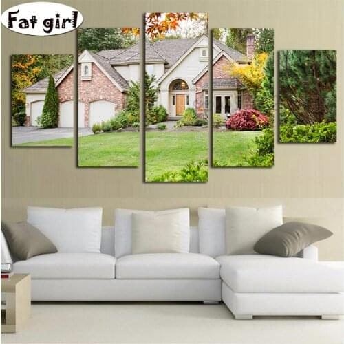 Modern Style Modular 5 Panel Beautiful Villa and tree Home Decor diamond painting diy mosaic cross stitch diamond embroidery