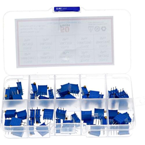 50Pcs/Box 10value x 10pcs 3296X 100 ohm - 500K Multiturn Trimmer Resistance Potentiometer Kit