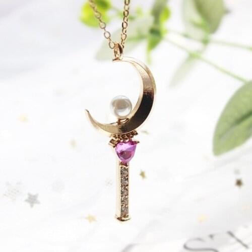 New Anime Jewelry Sailor Moon Fairy Rod Shape Pendant Necklace Womens Necklace Heart Shaped Crystal Inlaid Pendant Accessories