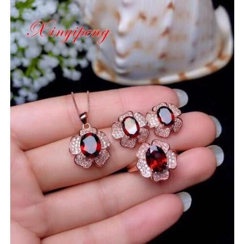 Xin yi peng 925 silver inlaid natural garnet ring necklace earrings jewelry suit a woman