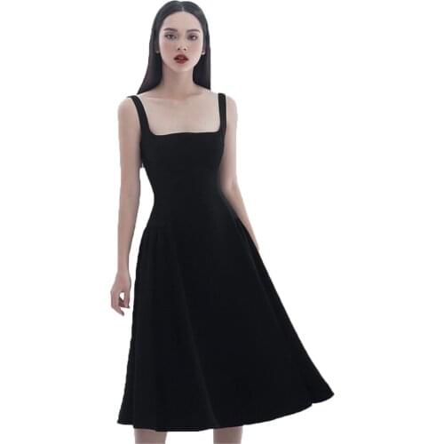 Simple A-Line Square Solid Black Women Party Dress Office Sleeveless Mid-Length Sheath Sexy Black Chiffon Dress with Backless