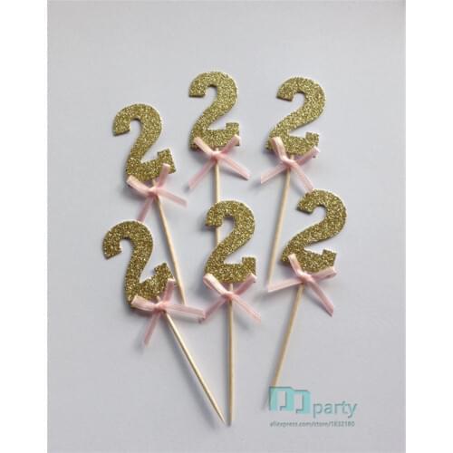 Gold Glitter Number 2 Cupcake Toppers with Pink Bow, Gold 2nd Birthday Cake Toppers, Wedding Anniversary Cake Toppers