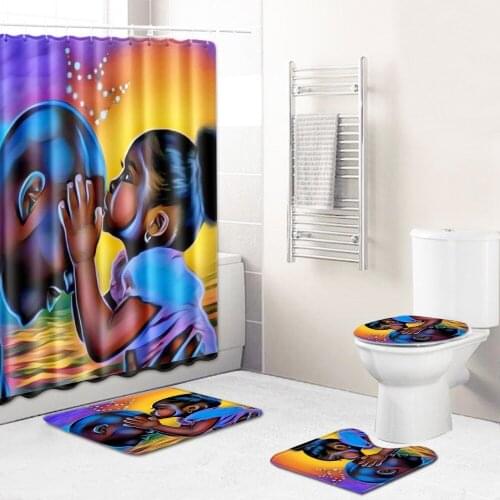 Happy Family Cartoon Shower Curtain Waterproof Polyester Fabric Bath Curtain Toilet Lid Cover Bath Rugs Mat Set 4 Piece Bath