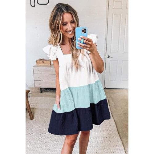 Blue Square Neck Color Block Babydoll Dress Women Summer Loose Beach Dress