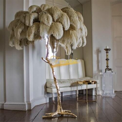 Modern Luxury Ostrich Feather Floor Lamps for Bedroom Copper Brass Gold Art Standing Lamp Home Decor Indoor Lighting Luminaire