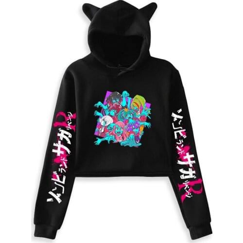 Zombie LSaga Minamoto Sakura Printi Cat Cropped Hoodies Girl Long Sleeve Hooded Pullover Crop Tops Sexy Ins Tide Coats