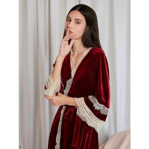 Corduroy Winter Womens Warm Bathrobe Lace Trim Sleeve V-Neck Nightwear Cute Graceful Housewear
