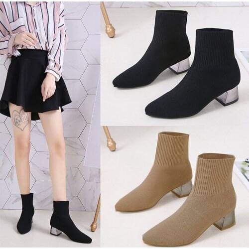 Women Sock Boots Ladies Knitting Air Mesh Shoes Breathable Women Casual Comfortable Ankle Boot Female Mid Thick Heels Footwear