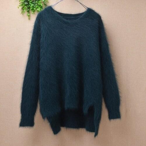 Ladies women autumn winter fashion hairy plush mink cashmere knitted long sleeves loose pullover angora fur jumper sweater pull