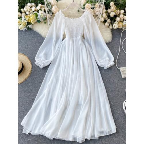 LY VAREY LIN 2021 New Autumn Women Elegant Holiday Dresses Puff Sleeve Slash Neck Off Shoulder Smocked White Chiffon Dresses