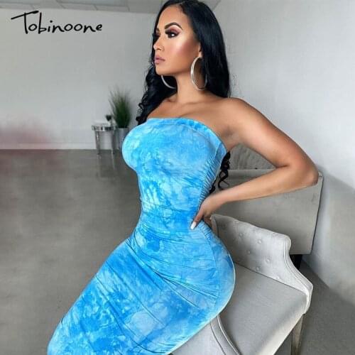 Tobinoone 2020 Autumn Neon Blue Tube Dress Women Ruched Long Bandage Dress Sexy Strapless Bodycon Tie Dye Party Dress Vestidos
