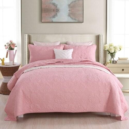Quality Pink Quilt 3PCS Sets Cotton Bedspread on the Bed Embroidered Bed Cover with Pillow Case Queen Size Summer Blanket Solid