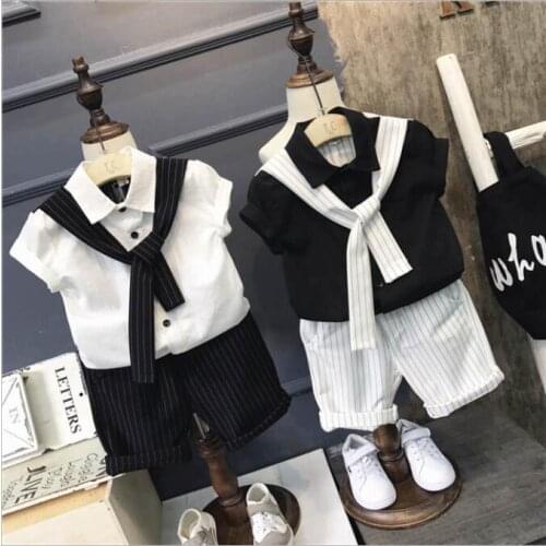 Clothes suits children baby boys summer clothing sets cotton kids tie gentleman outfits child short sleeve tops t shirt 2-7years