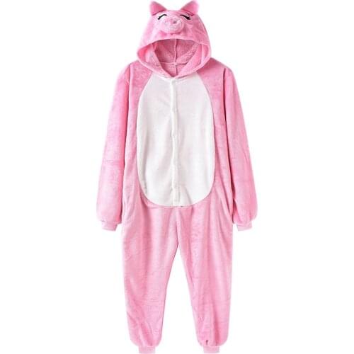 Women Kigurumis Pajama Pig Onesie Pink Cute Sleepwear Adult Girl Party Suit Flannel Overall Cartoon Animal Home Set