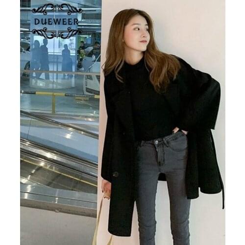 DUEWEER Wool Blends Women Solid Double Breast Thickening Overcoats Loose Trendy All-match Winter Sashes Retro Ins Plus Size