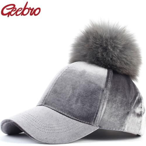 Geebro Womens Baseball Cap with Pompom Spring Velvet Polyester Snapback Cap for Femme Raccoon Fur Pompom Bonnet Cap GS606