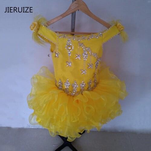 JIERUIZE Yellow Organza Off The Shoulder Cupcake short Flower Girl Dresses Pageant Girl Dress Infant Toddler Dresses