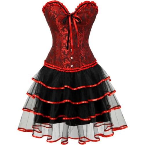 Sexy Corsets Dress for Women Plus Size Overbust Lace Floral Corselet Burlesque Corset Bustier And Skirt Tutu Set Red