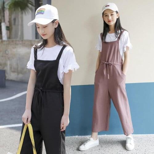 Summer Teens Girl Sets Solid Cotton T Shirts +Overalls Pants Fashion 2 Pieces Kids Clothes Girls Casual Cute Clothing Sets 12 14