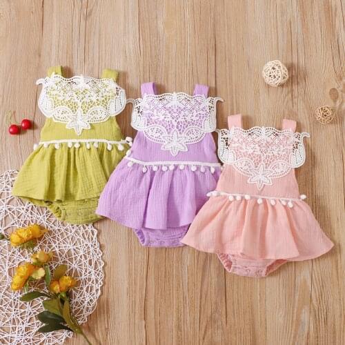 2021 Lovely Newborn Summer Lace Romper Baby Girls Sleeveless Playsuit with Pom Poms Cotton Clothes 0-18 M