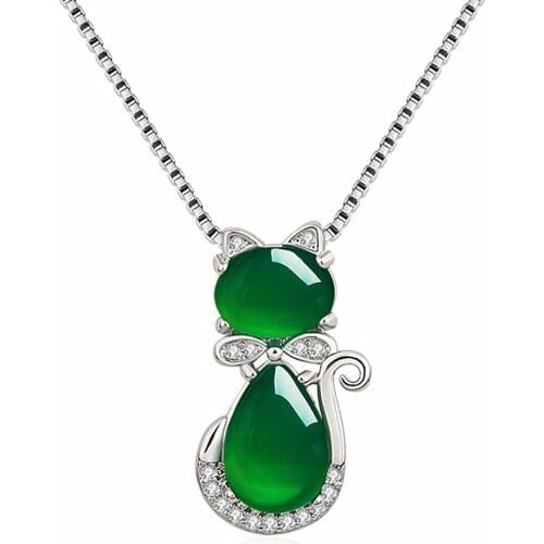 Fashion cat green jade agate emerald gemstones pendant necklaces for women white gold silver choker jewelry bijoux party gifts