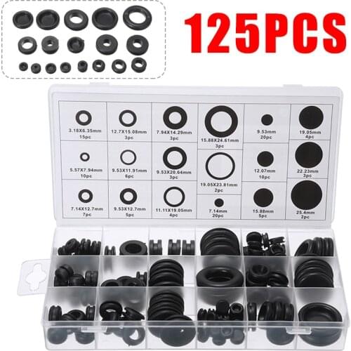 125pcs/kit Black Rubber Grommet Firewall Hole Plug Retaining Ring Set Car Electrical Wire Open Closed Blind Gasket Kit