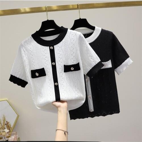 New Women Knitted Summer Patchwork sweater T Shirt Bowtie Preppy Style Student Top Tee Shirt Short Sleeve Tshirt Female
