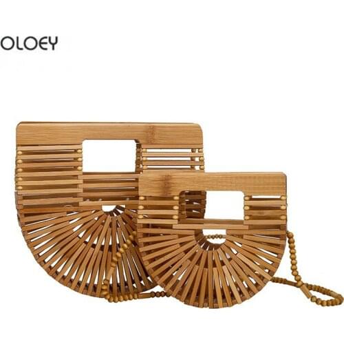 OLOEY Womens summer bamboo woven bag hand-woven bag shoulder messenger bag handbag saddle bag round bag hollow