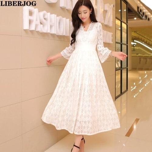 LIBERJOG Women Dress Lace V-neck Vintage Sexy White Elasticity Waist Flare Sleeve Loose Beach Vestidos Woman Spring Autumn