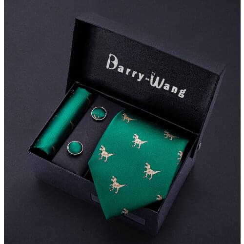 Dinosaur Men Ties Green Gold Silk Men Wedding Necktie Handkerchief Gift Box Set Male Ties For Men Gift Barry.Wang Gravat BB-5192