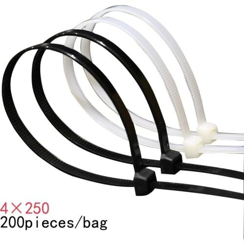 Self-locking plastic nylon tie 200 PCS black white 4X250 cable tie fastening ring cable tie zip wraps strap nylon cable tie set